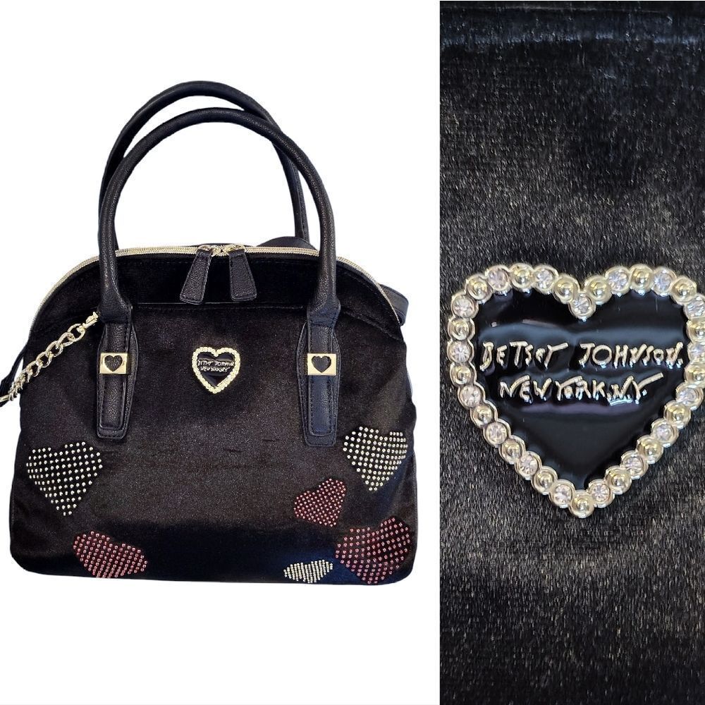 Betsey Johnson Retro BlackโVelvet Studded Hearts Dome Satchel Bagโ Crossbody L